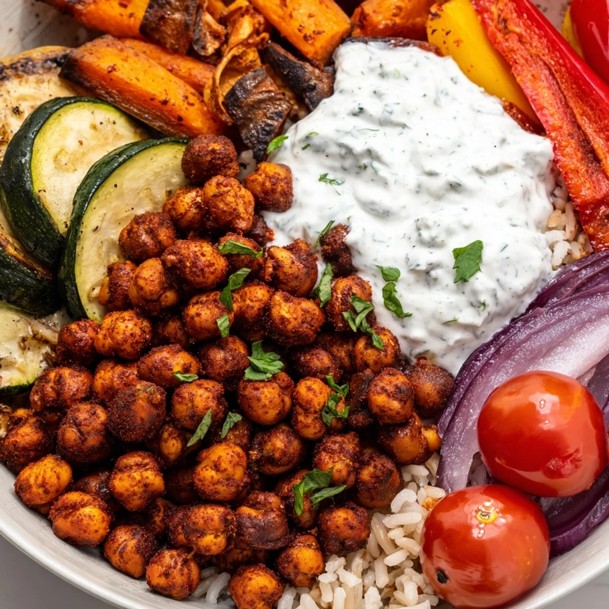 Crispy spicy harissa roasted chickpea veggie bowl topped with cool mint yogurt sauce