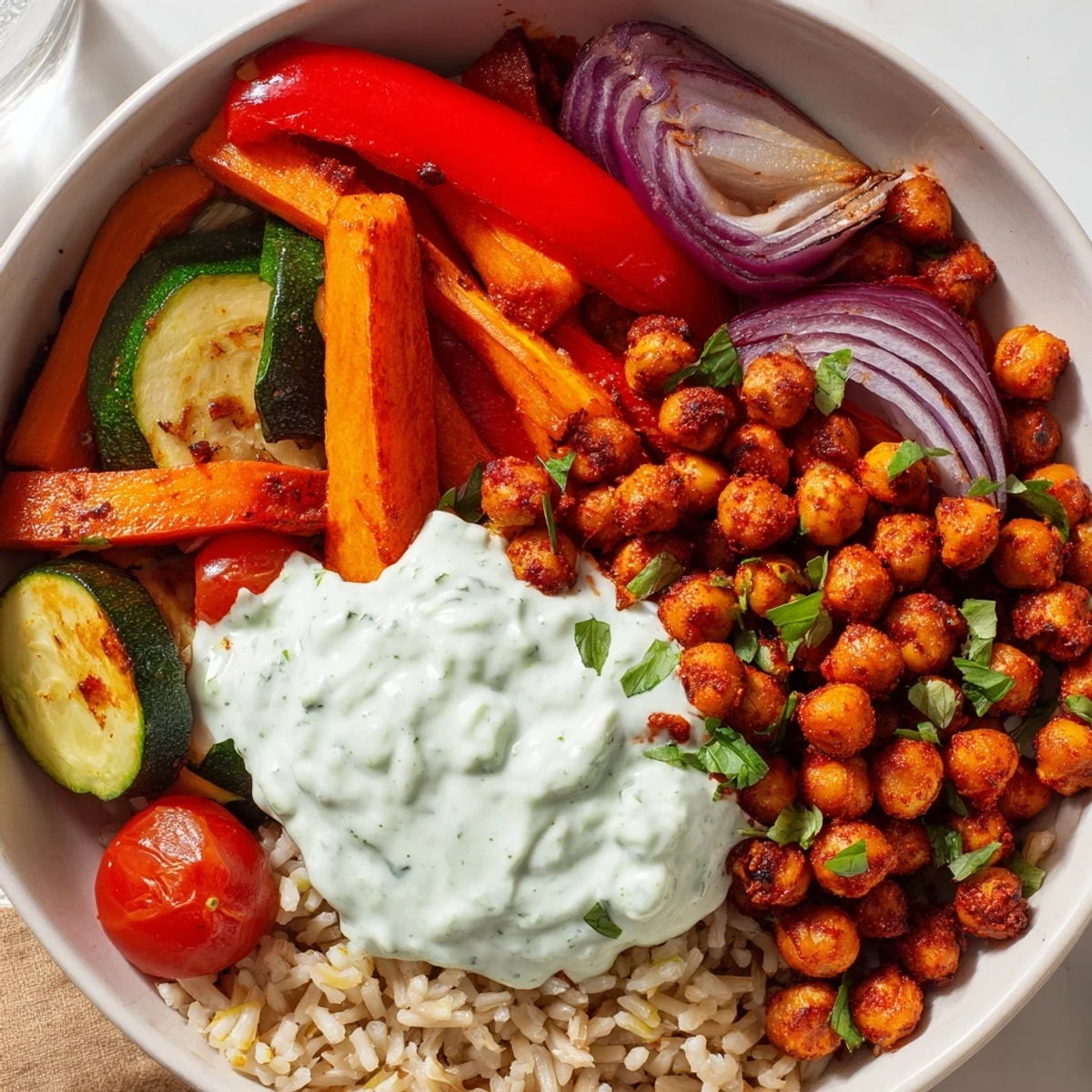 Colorful spicy harissa roasted chickpea veggie bowl drizzled with creamy mint yogurt dressing