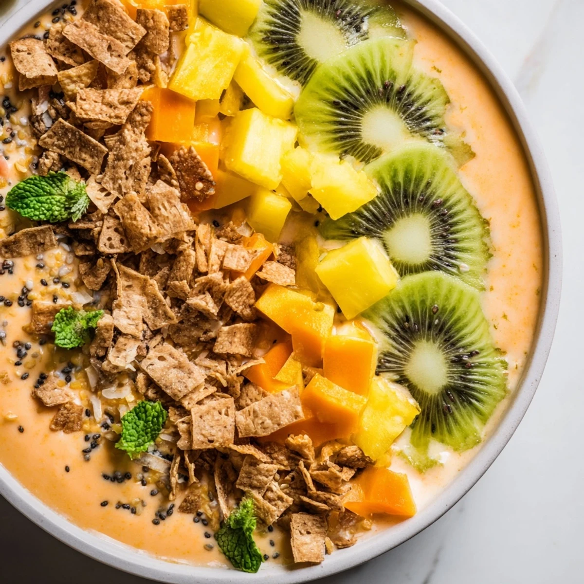 Creamy Papaya Pineapple Coconut Smoothie Bowl topped with golden toasted coconut flakes and fresh fruit