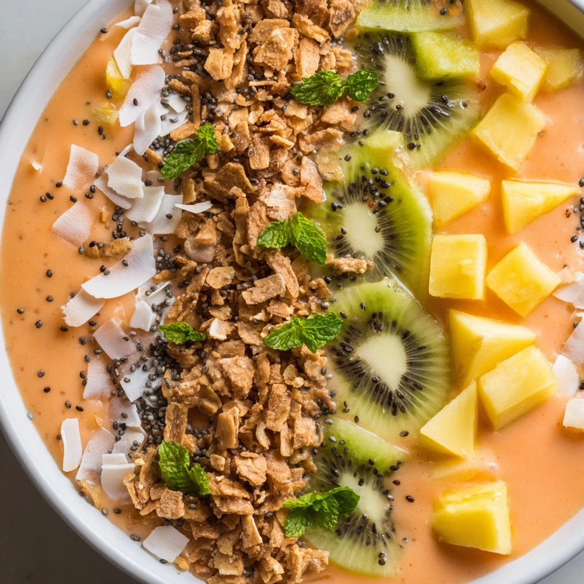 Vibrant Papaya Pineapple Coconut Smoothie Bowl garnished with tropical fruit and crunchy toasted coconut
