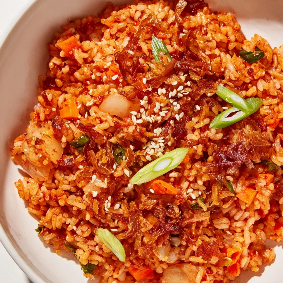 Golden crispy shallots top a steaming bowl of spicy kimchi garlic fried rice with sesame seeds