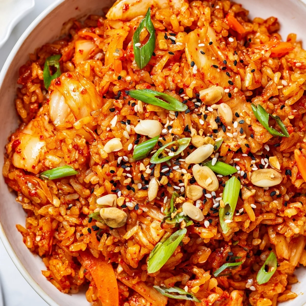 Vibrant orange kimchi garlic fried rice studded with vegetables and crowned with crunchy caramelized shallots