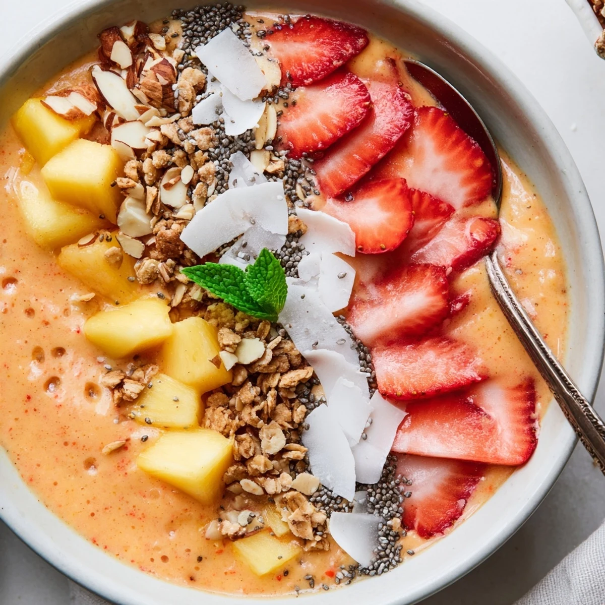 Vibrant mango strawberry coconut smoothie bowl crowned with shredded coconut and chia seeds