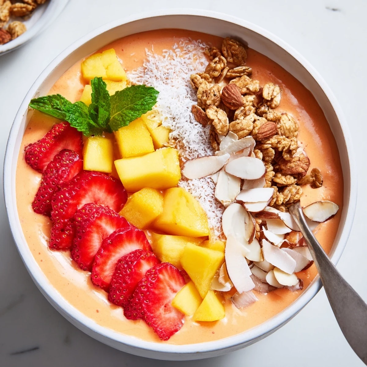 Creamy mango strawberry coconut smoothie bowl topped with crunchy almonds and fresh fruit