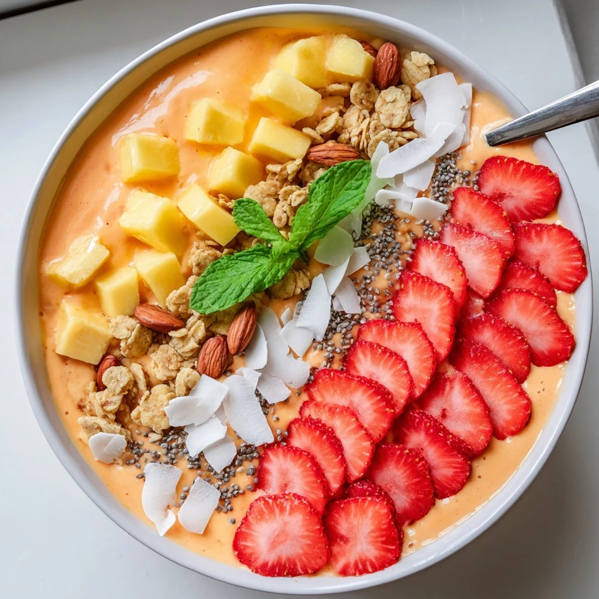 Thick tropical mango strawberry coconut smoothie bowl drizzled with honey and loaded with granola