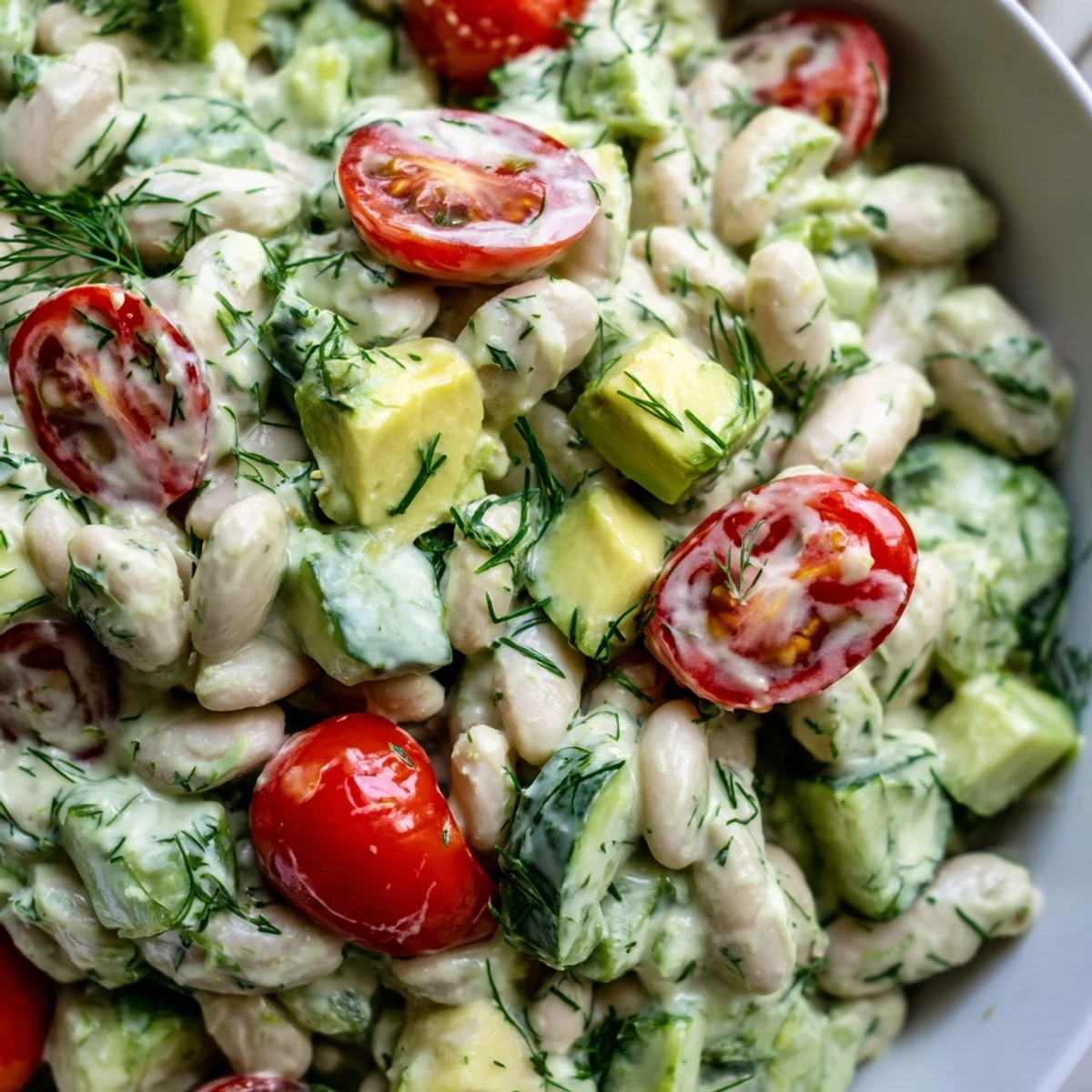 Creamy avocado dill white bean salad bowl topped with golden toasted pumpkin seeds