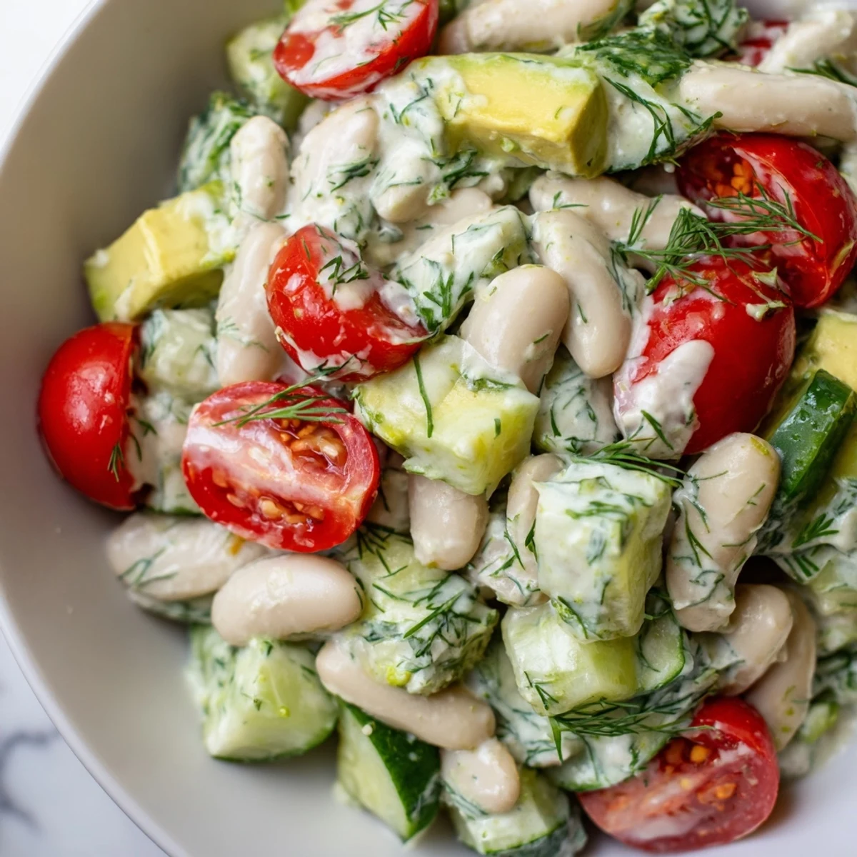 Vibrant white bean salad with creamy avocado, fresh dill, and cherry tomatoes