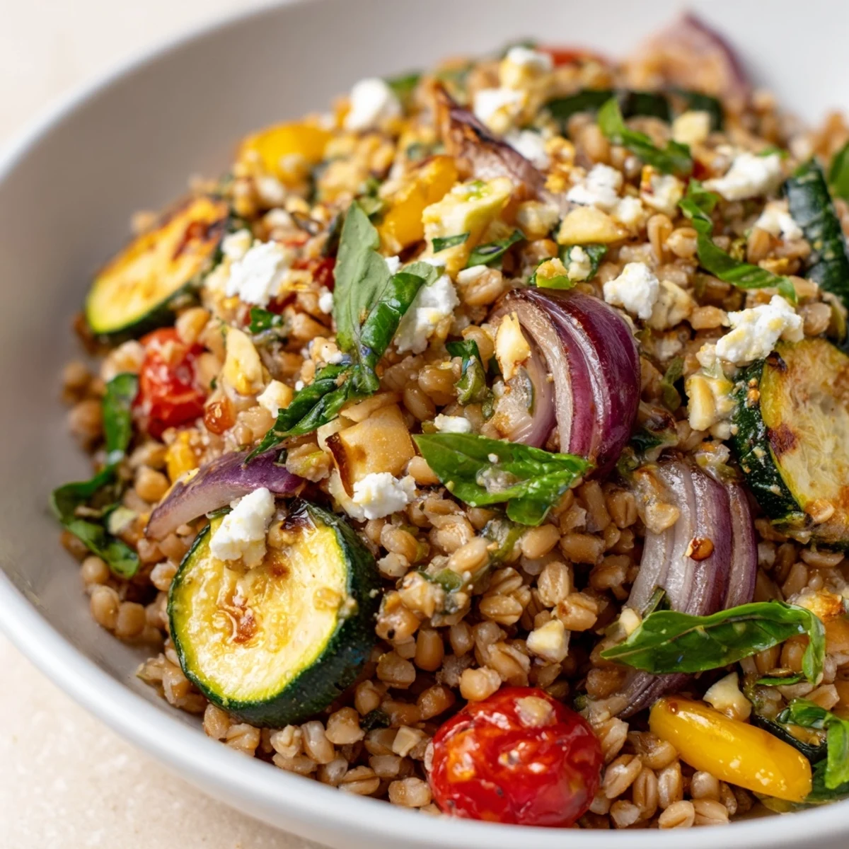 Mediterranean roasted zucchini farro grain bowl topped with crumbled feta and fresh herbs