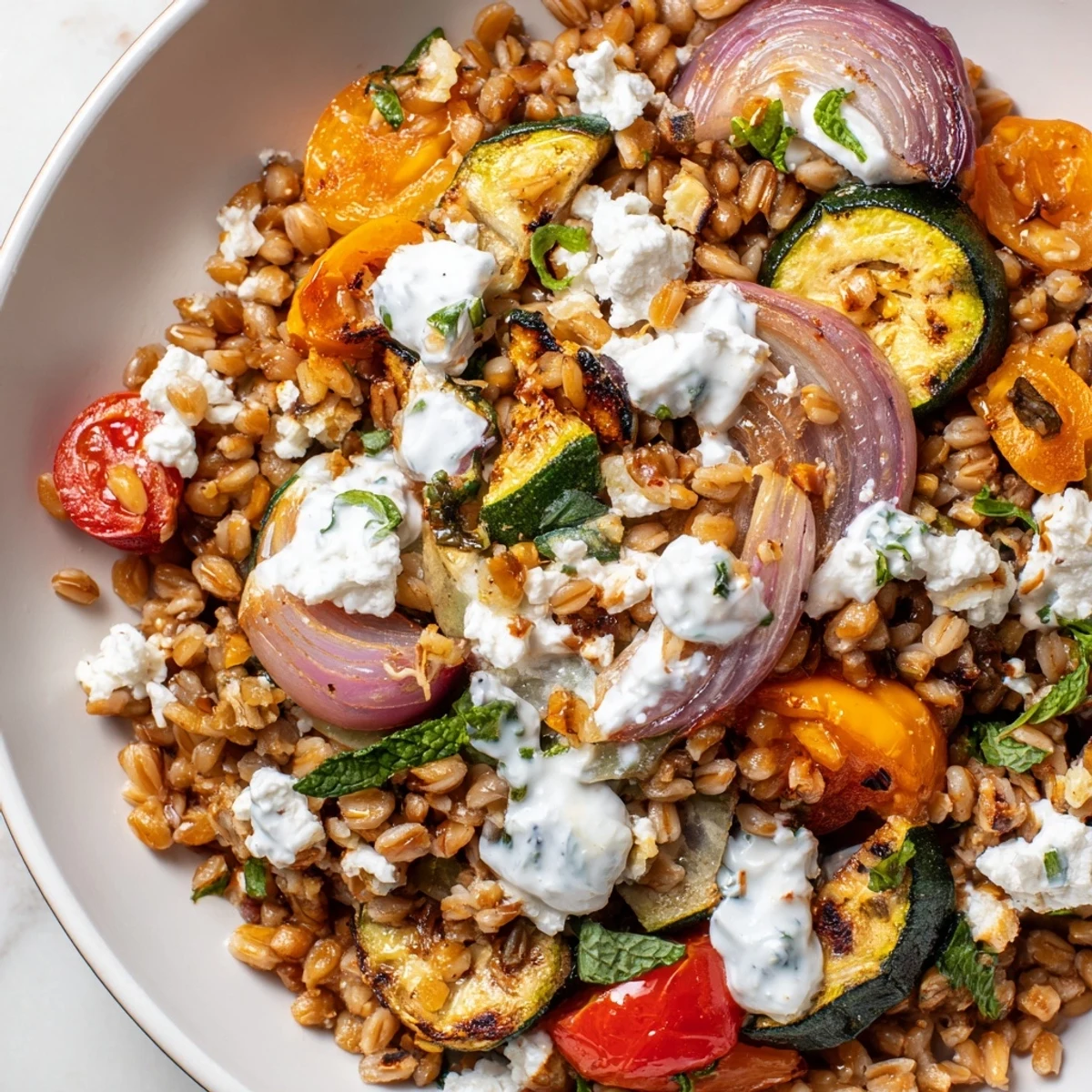 Nutty farro and golden roasted vegetables drizzled with creamy lemon tahini dressing in bowl