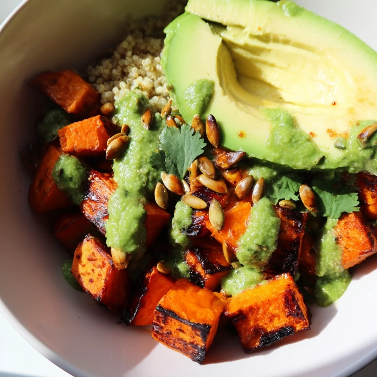 Roasted sweet potato avocado quinoa grain bowl drizzled with bright cilantro lime dressing