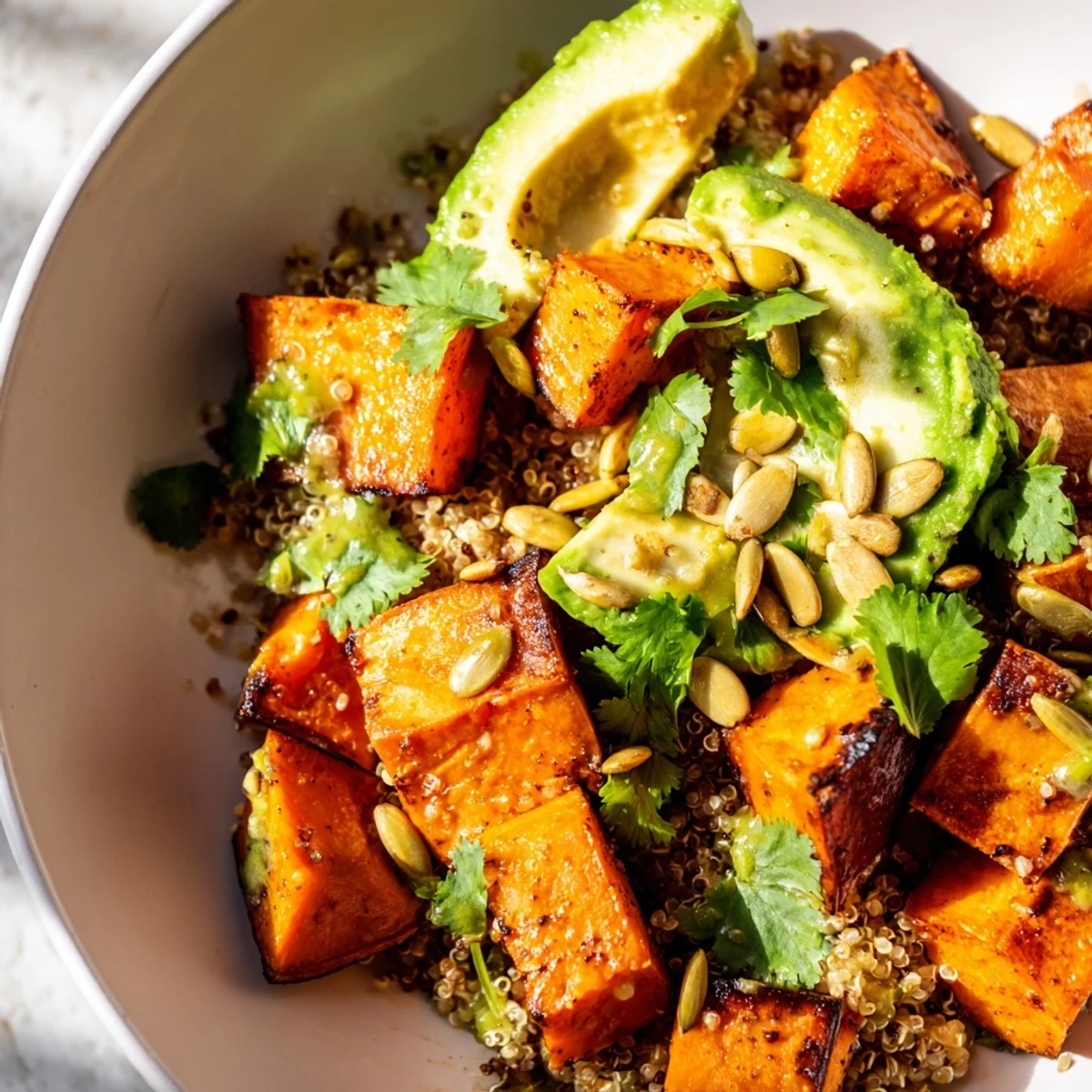 Creamy avocado and caramelized sweet potatoes over fluffy quinoa in a vibrant grain bowl