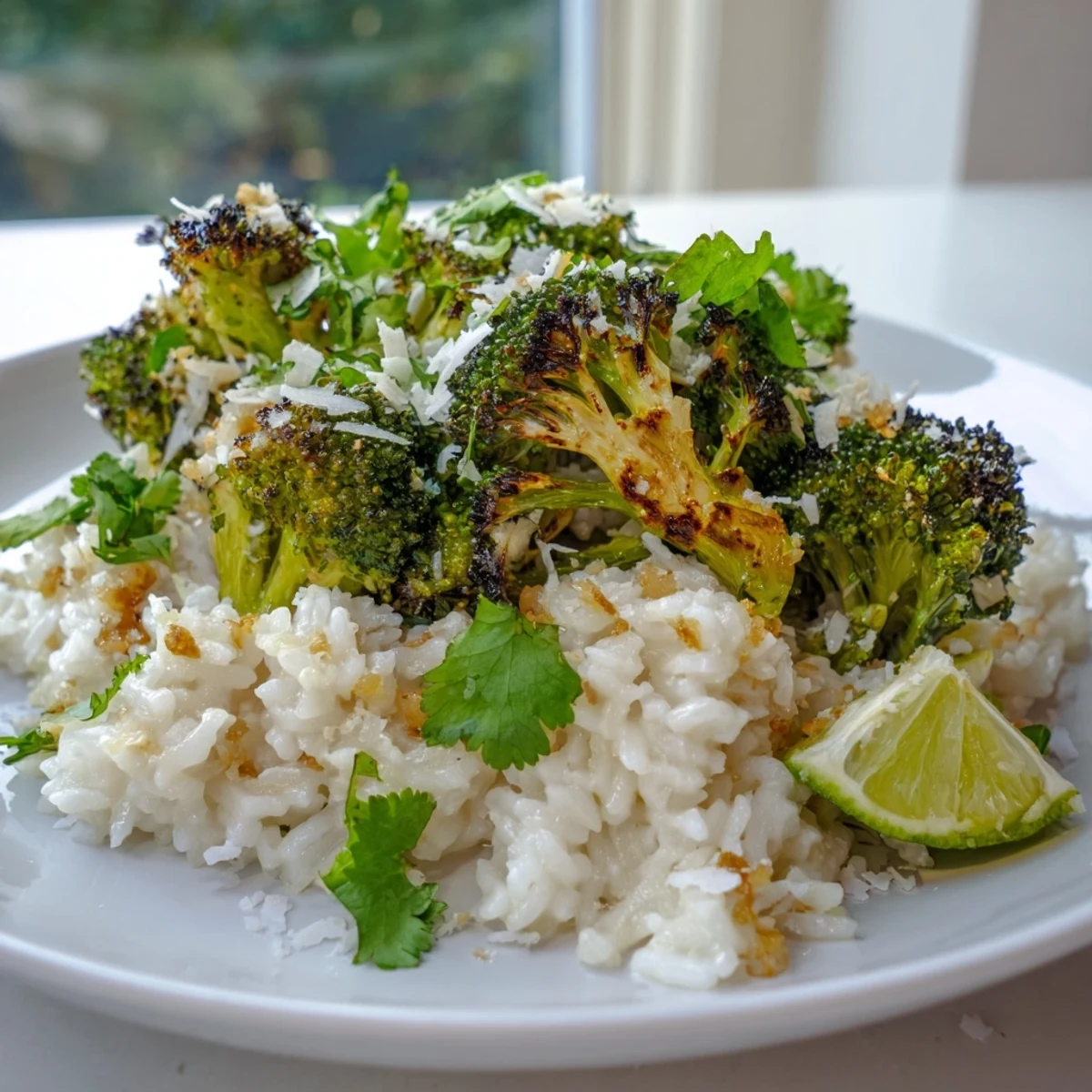 Fluffy jasmine rice infused with coconut and ginger topped with golden roasted broccoli florets