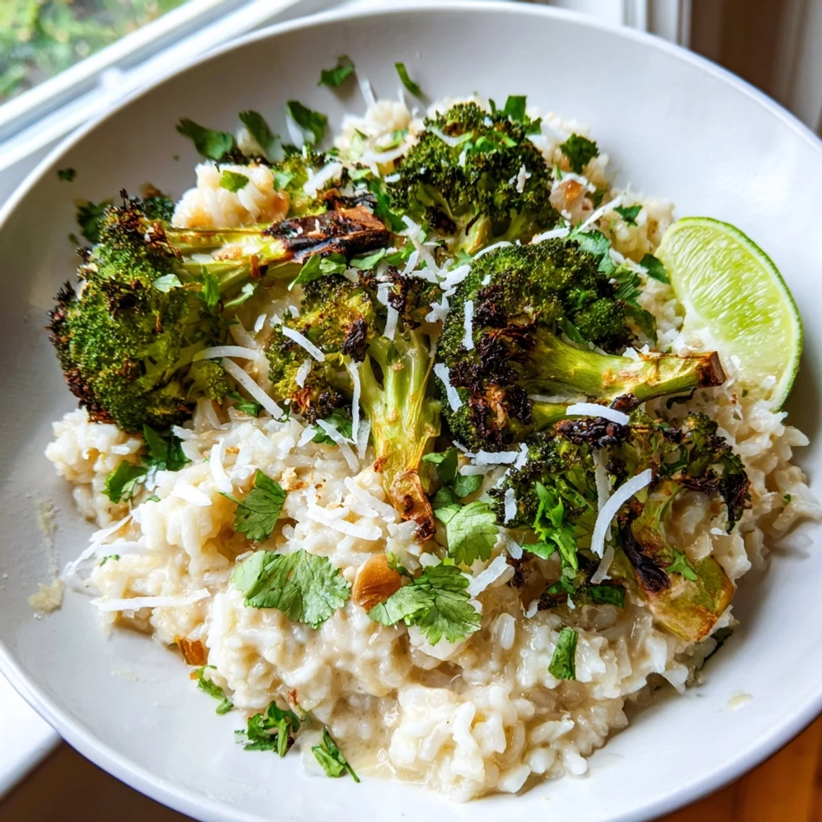 Steaming bowl of coconut ginger jasmine rice alongside charred broccoli garnished with fresh cilantro