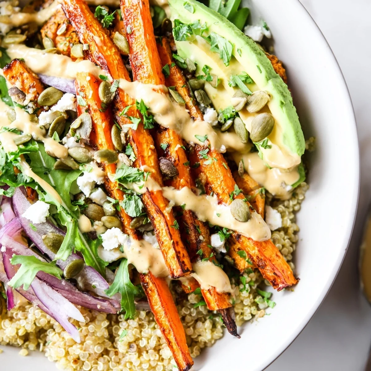 A vibrant quinoa grain bowl layered with caramelized carrots, sliced avocado, and leafy greens