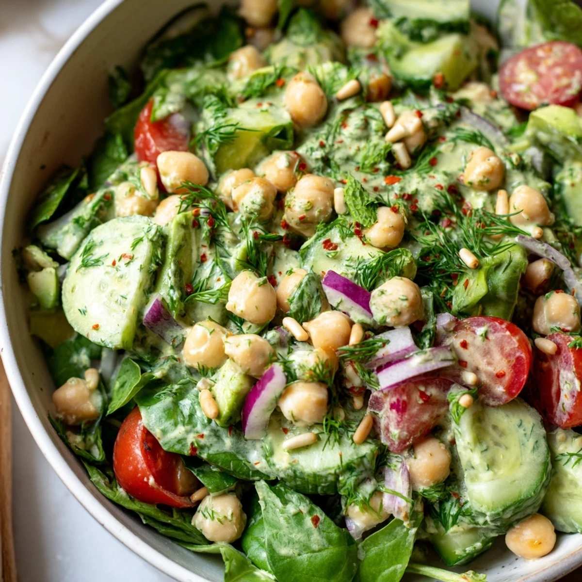 Creamy avocado spinach chickpea salad bowl topped with toasted seeds and bright herbs
