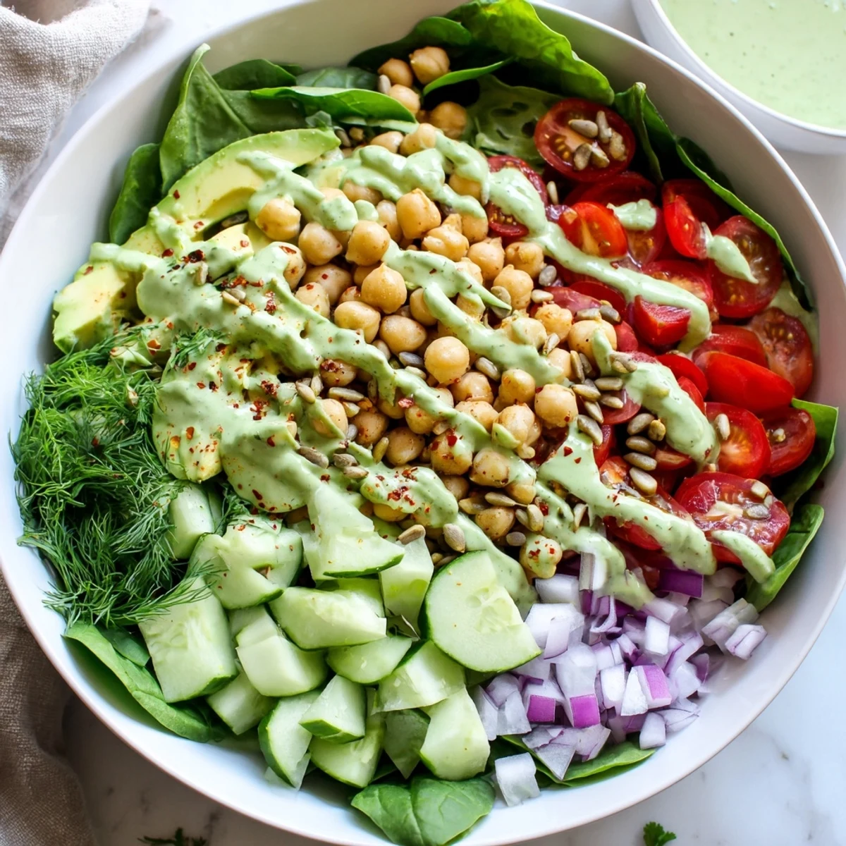 Vibrant avocado spinach chickpea salad bowl drizzled with zesty yogurt-lime dressing