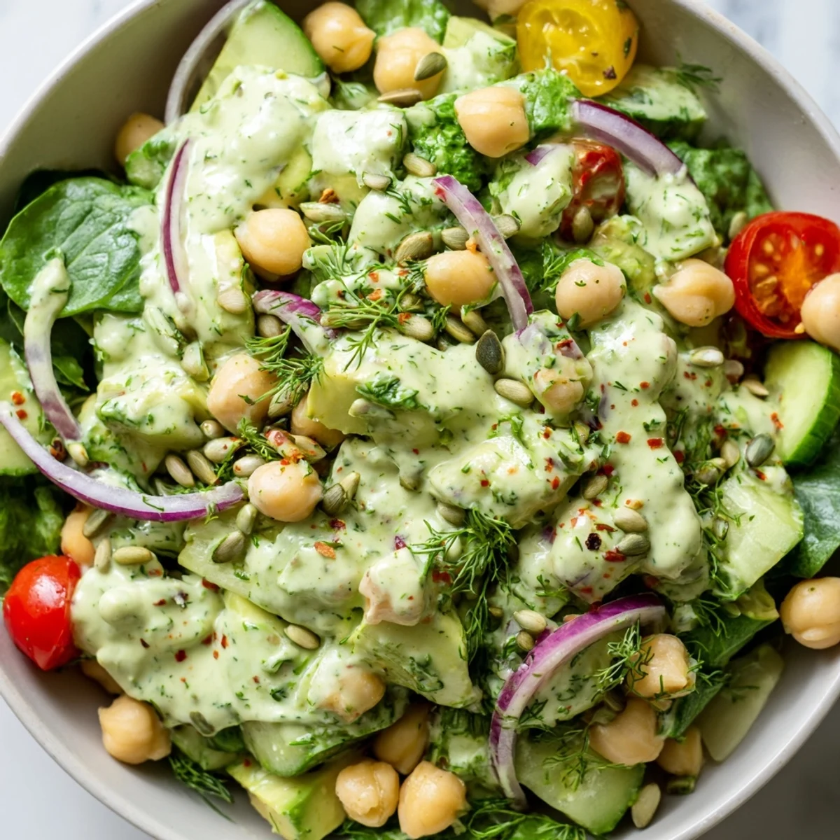 A fresh spinach chickpea salad bowl loaded with ripe avocado and cherry tomatoes