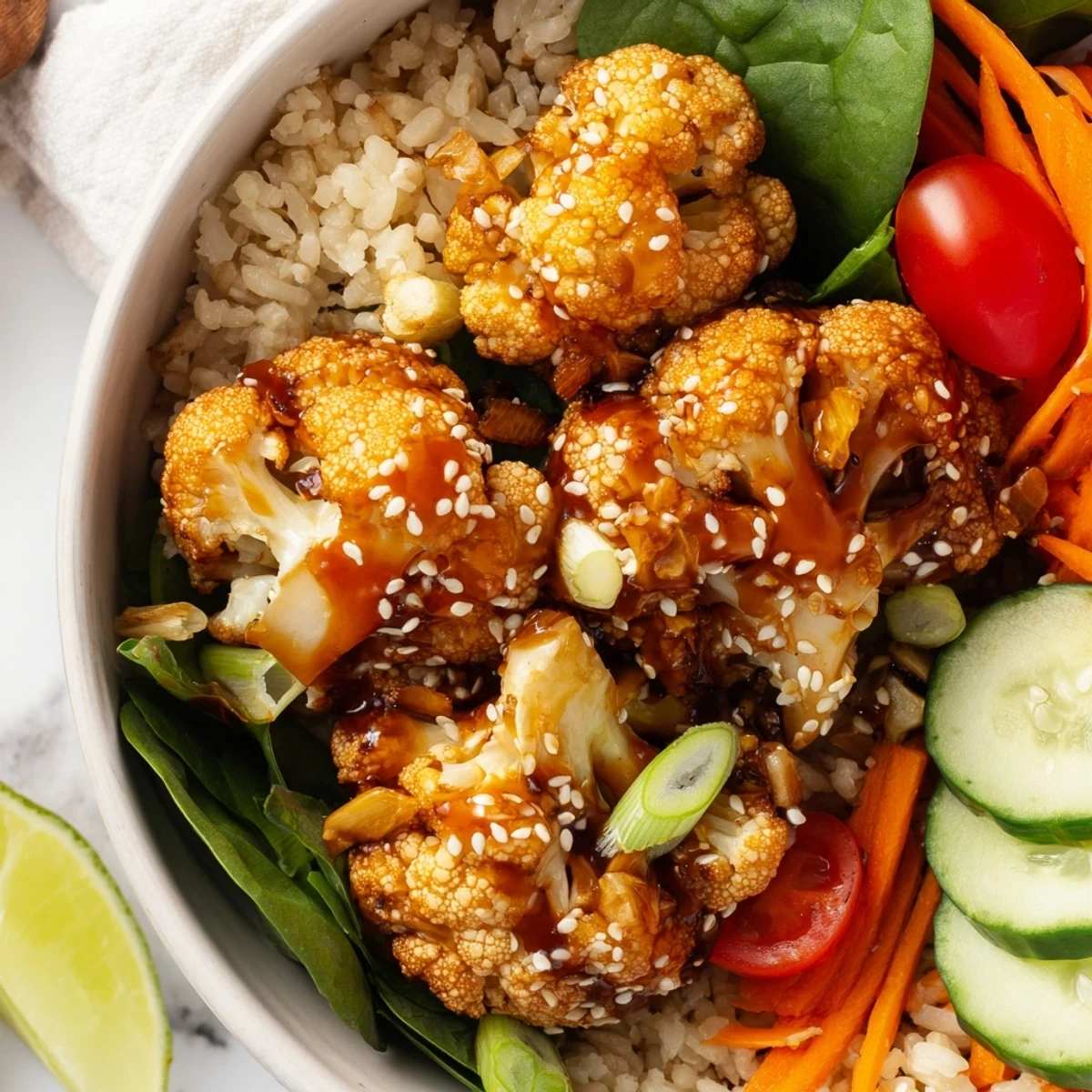 Golden spicy garlic roasted cauliflower veggie bowl topped with toasted sesame seeds and fresh vegetables
