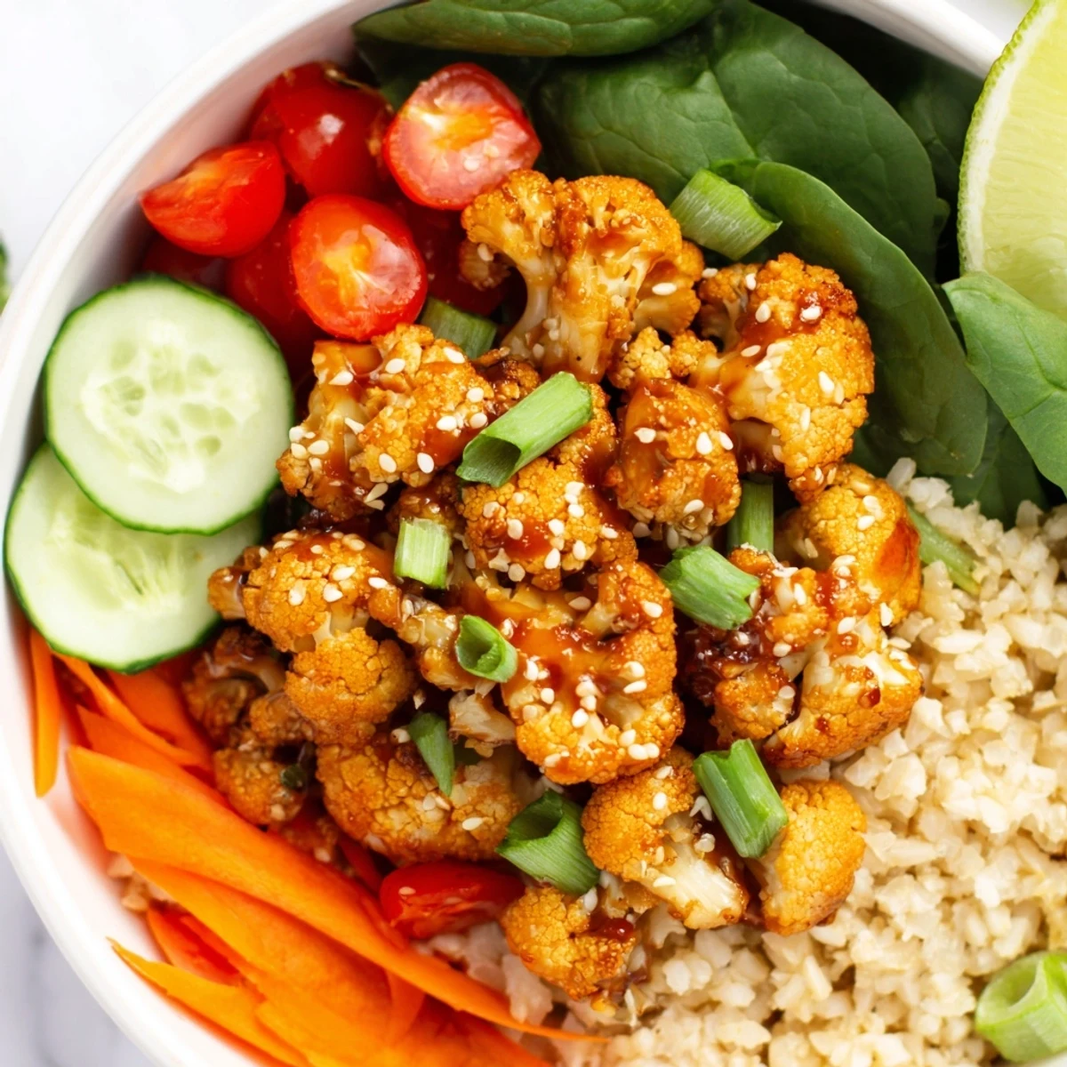Spicy garlic roasted cauliflower veggie bowl served over brown rice with colorful crisp vegetables