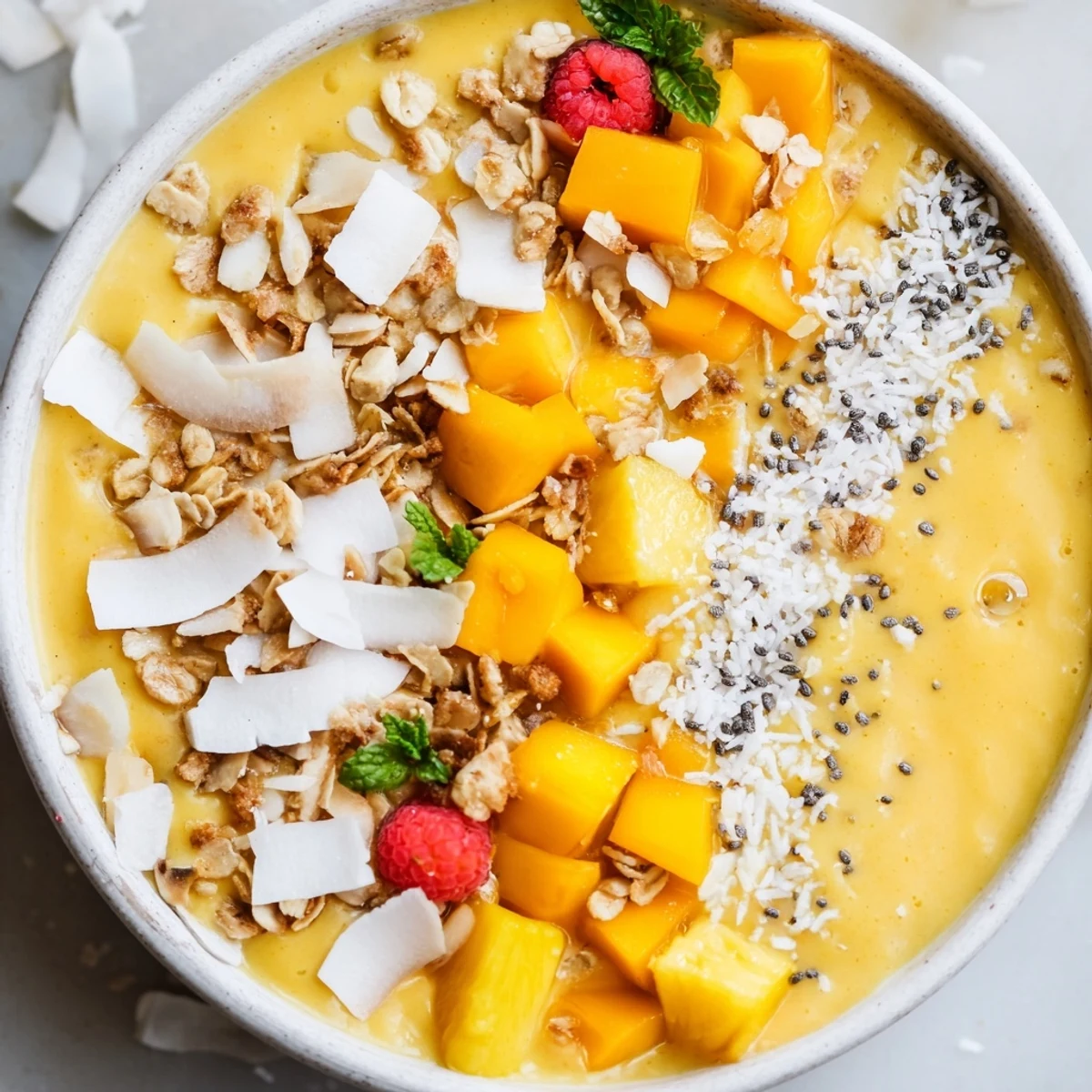 A bright pineapple mango coconut smoothie bowl with crunchy chia seeds and fresh tropical fruit toppings