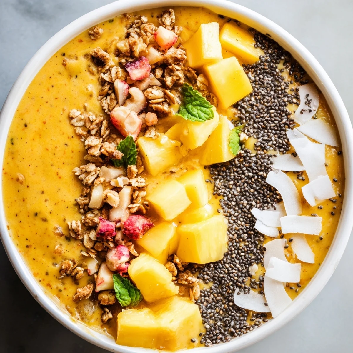 Creamy pineapple mango coconut smoothie bowl swirled with golden fruit and sprinkled with chia crunch topping