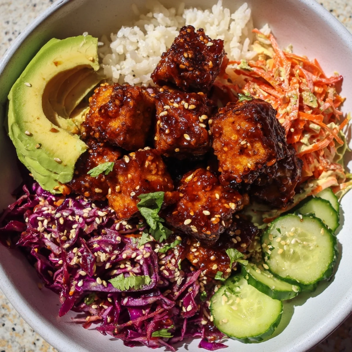 Glossy sticky chili maple tempeh vegan bowl topped with avocado and sesame cabbage