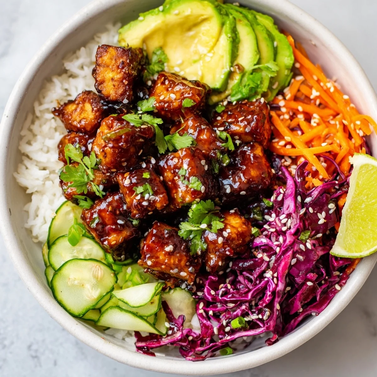 Crunchy sesame cabbage slaw and caramelized sticky chili maple tempeh served over jasmine rice