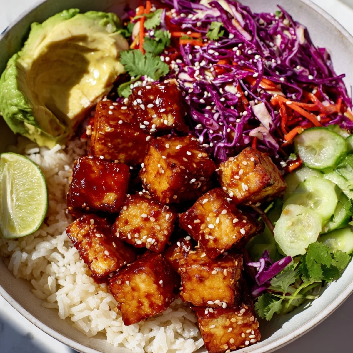 Vibrant sticky chili maple tempeh vegan bowl garnished with lime, coriander, and fresh cucumber