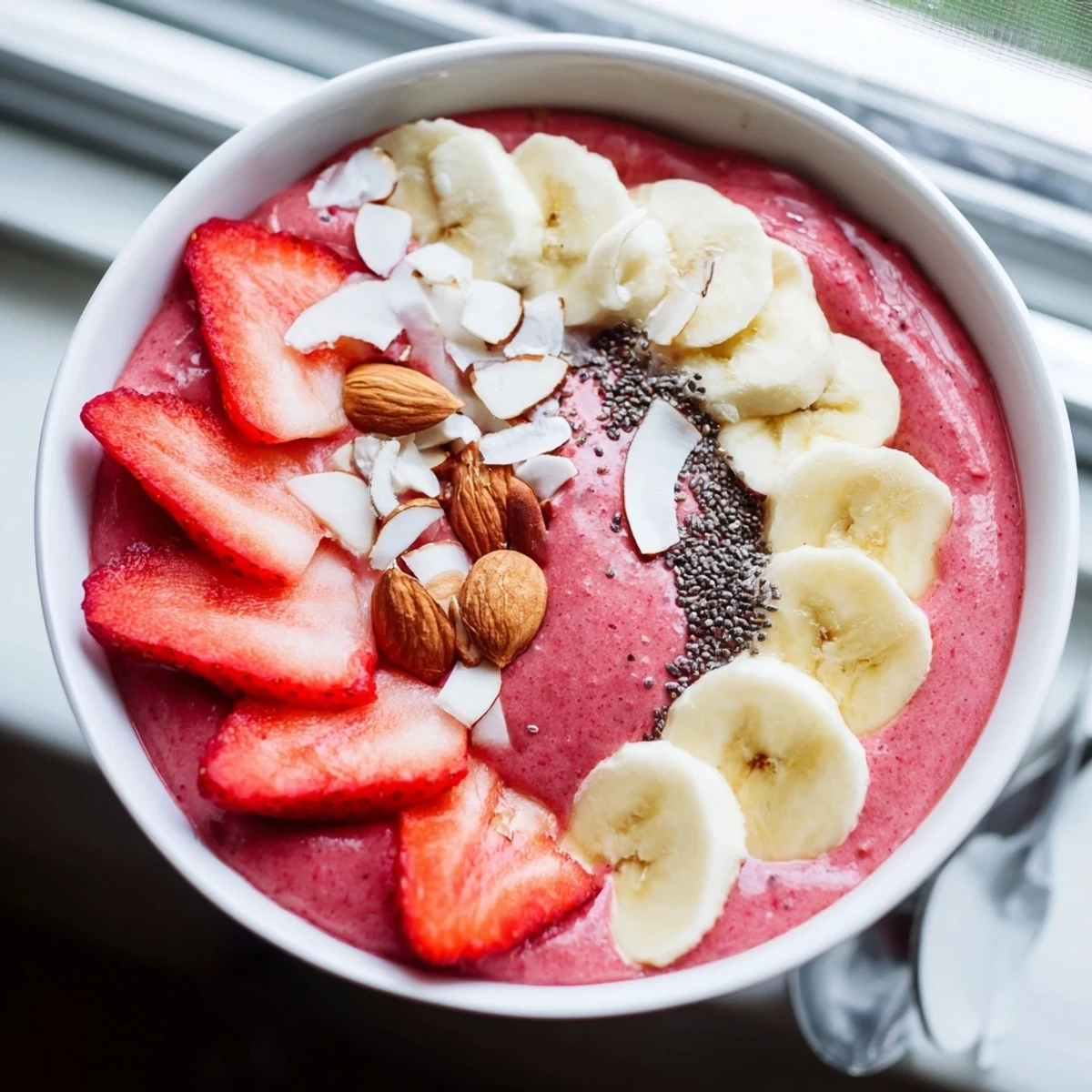 Creamy strawberry banana almond smoothie bowl topped with coconut flakes and fresh fruit