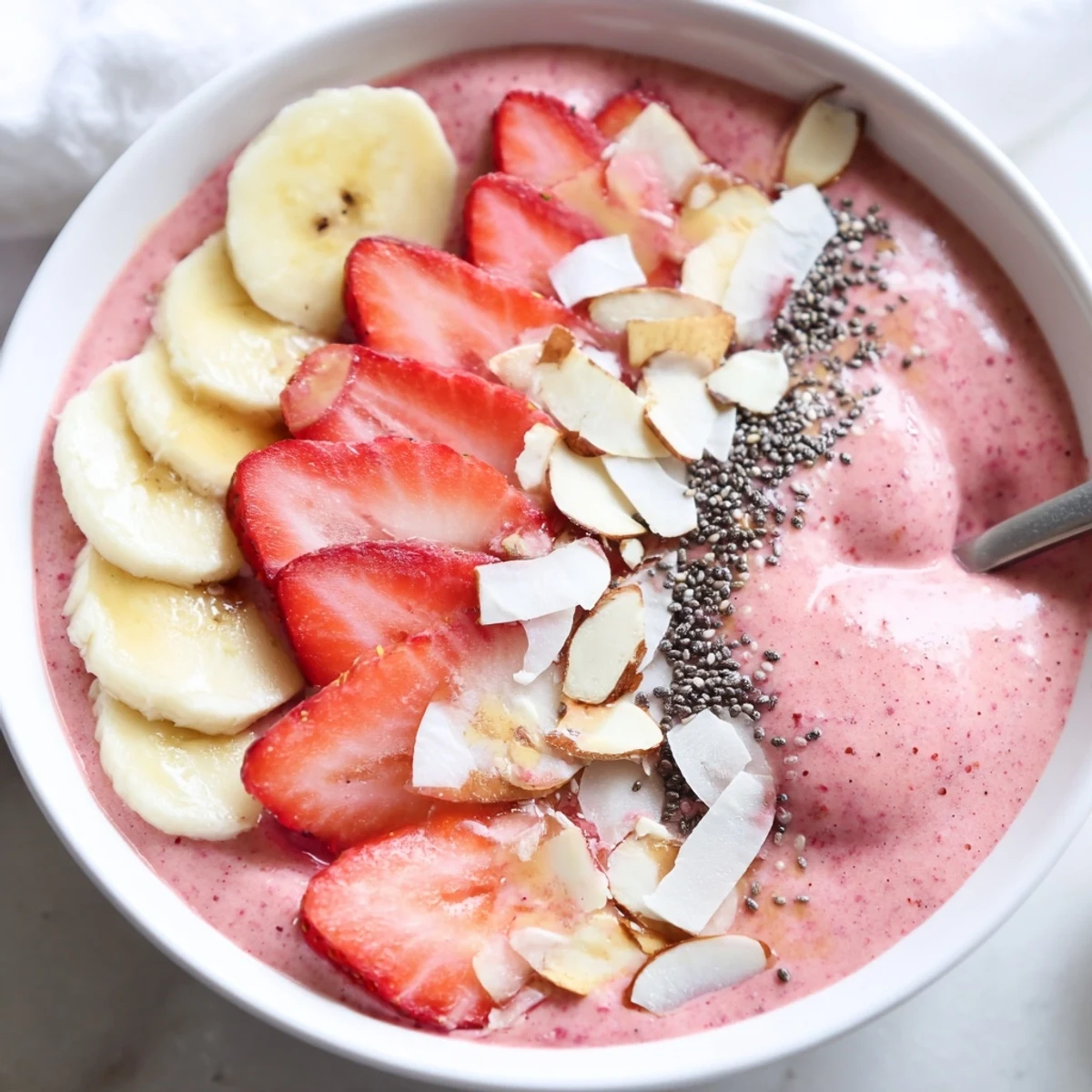 Thick strawberry banana almond smoothie bowl drizzled with nut butter and toasted coconut