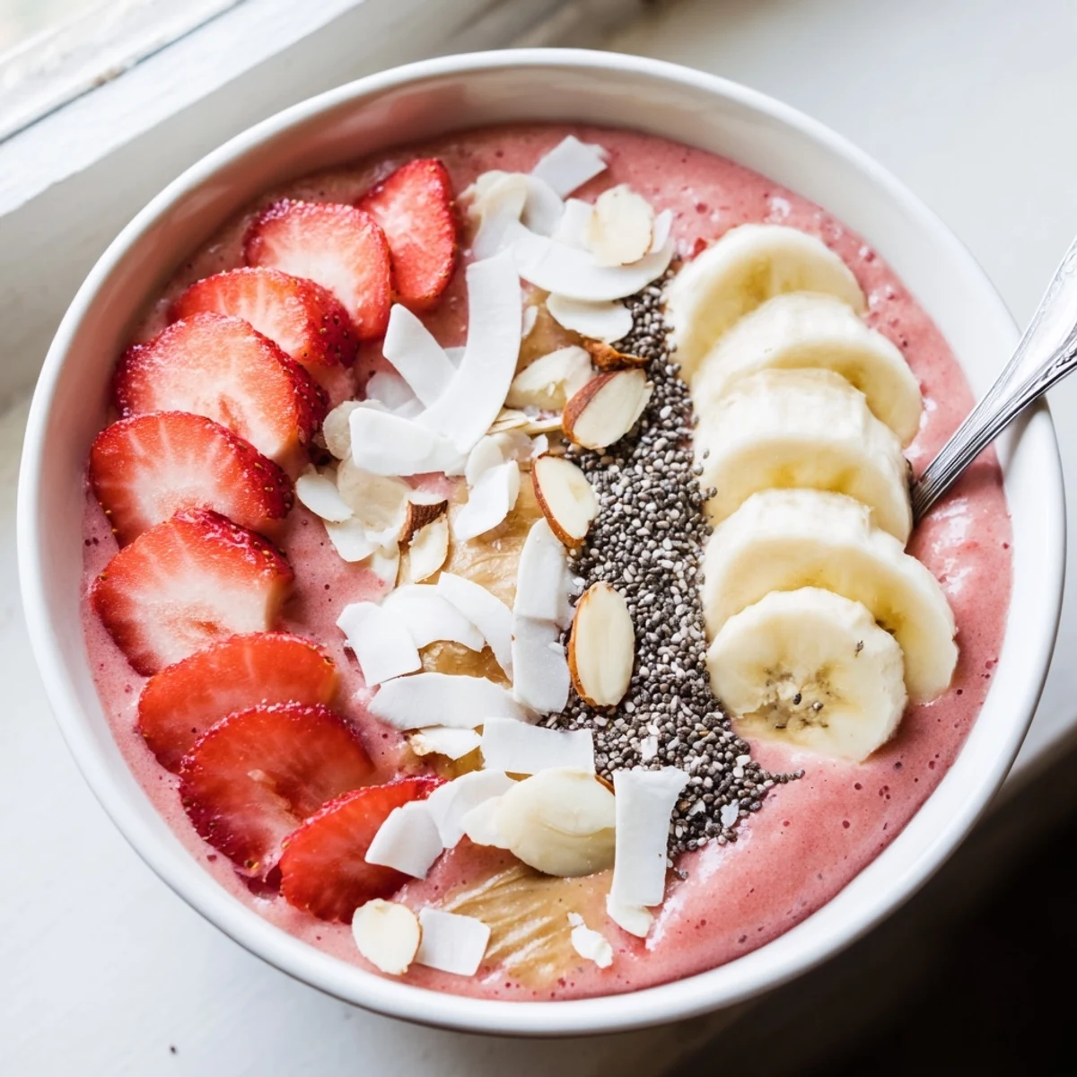 Vibrant strawberry banana almond smoothie bowl crowned with sliced bananas almonds and coconut