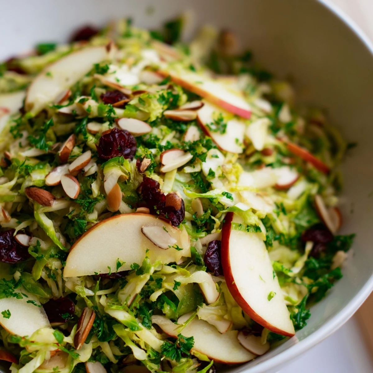 Vibrant shaved Brussels sprout apple almond salad topped with dried cranberries and toasted nuts