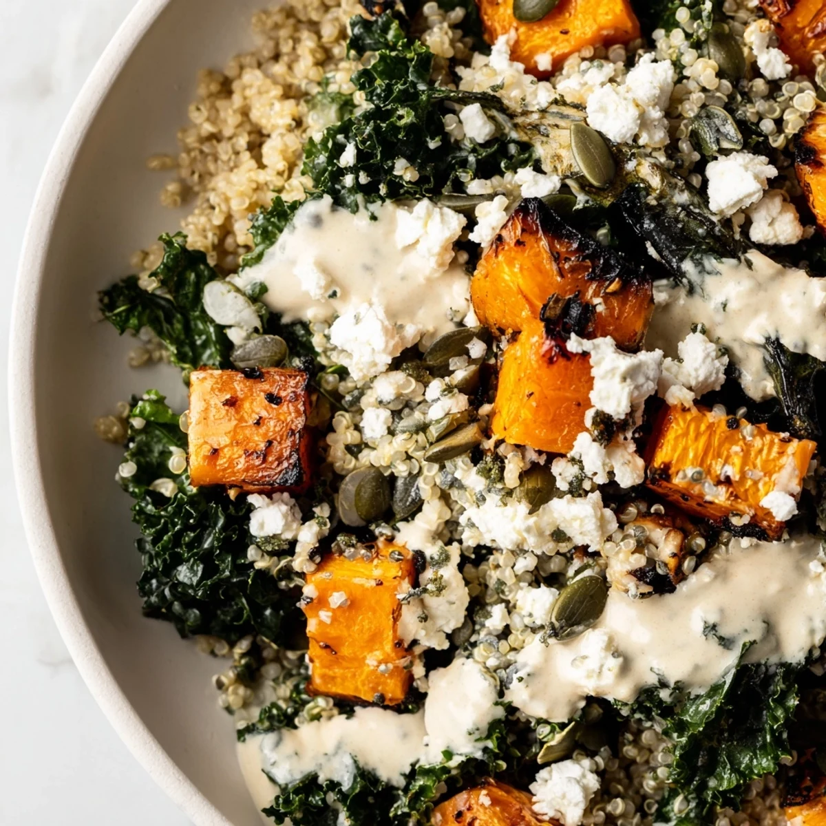 Autumn grain bowl featuring tender roasted squash vibrant kale quinoa and fragrant sage tahini