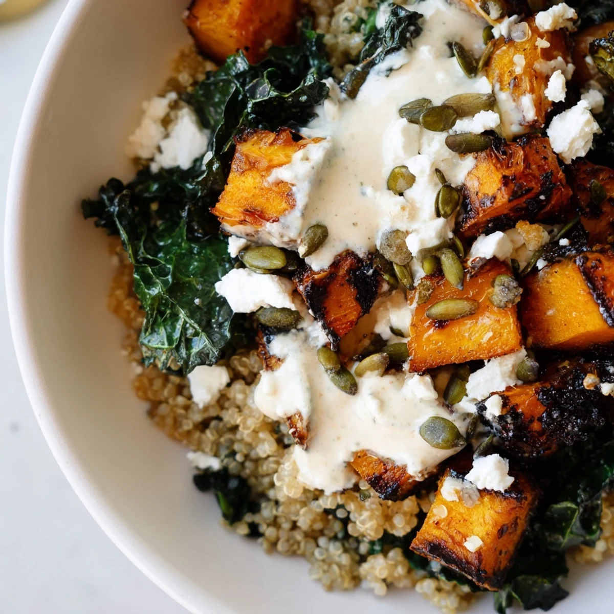Golden caramelized butternut squash and massaged kale over fluffy quinoa with sage tahini