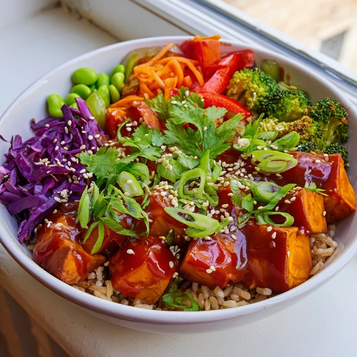 Caramelized sweet potatoes and crisp vegetables in a spicy gochujang veggie bowl topped with sesame seeds