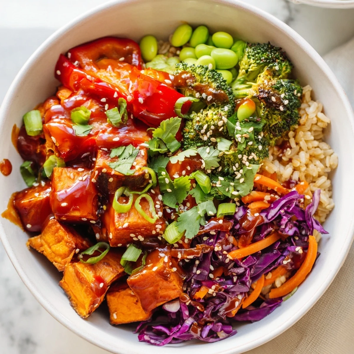 A colorful gochujang roasted sweet potato veggie bowl drizzled with sauce and sprinkled with sesame seeds
