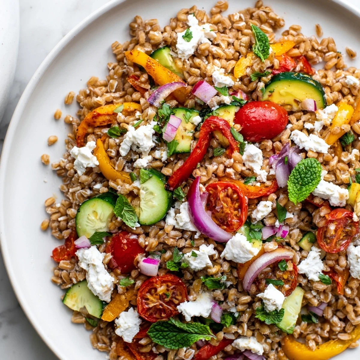 Colorful Mediterranean roasted pepper farro grain bowl topped with crumbled feta and fresh herbs
