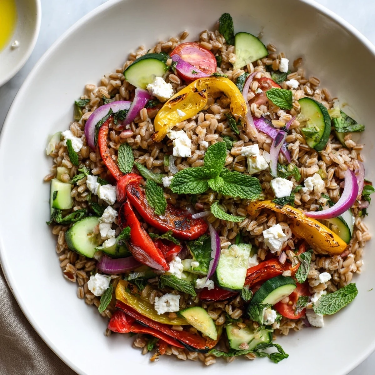 A vibrant farro grain bowl with sweet roasted peppers, crisp cucumbers, and tangy feta cheese