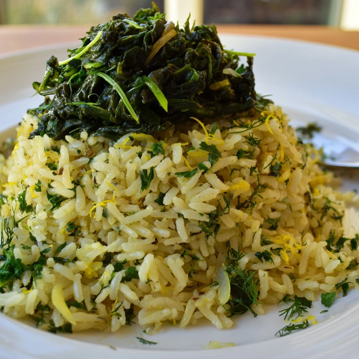 Garlic lemon herb rice with sautéed spinach served steaming on a rustic blue plate