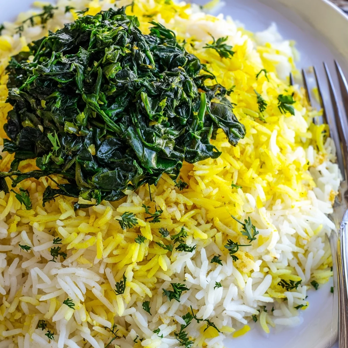 Golden garlic lemon herb rice nestled beside tender sautéed spinach with lemon wedges