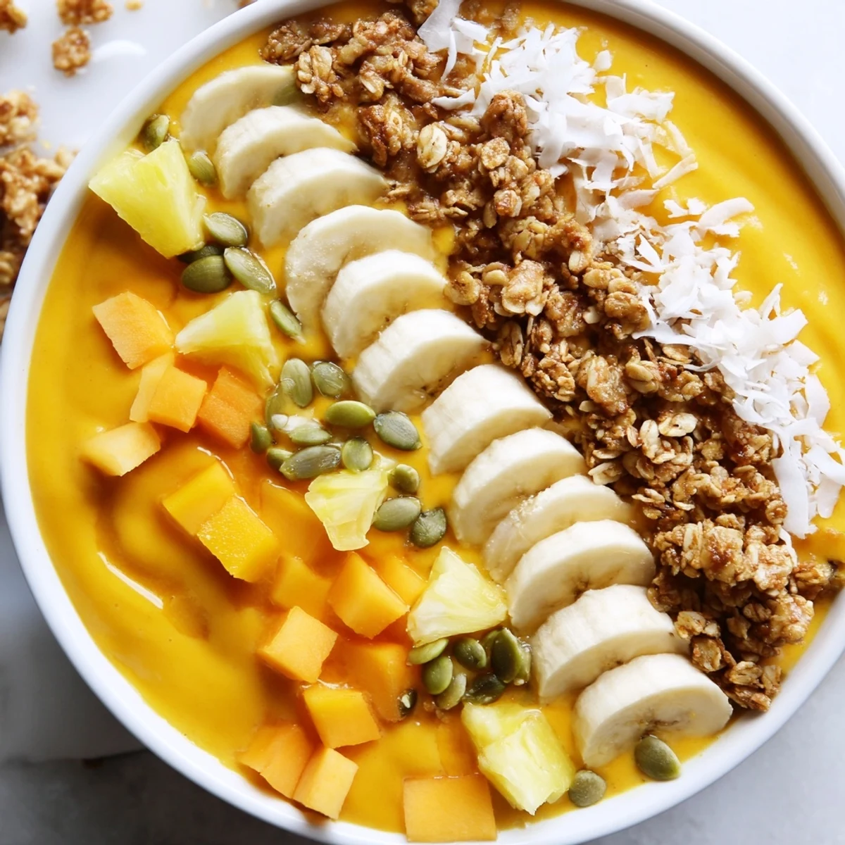 Thick mango pineapple banana smoothie bowl topped with crunchy coconut and fresh tropical fruit