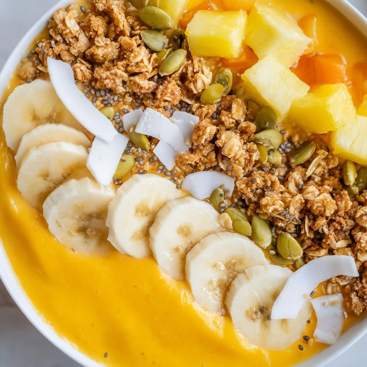 Creamy mango pineapple banana smoothie bowl drizzled with honey and loaded with colorful toppings