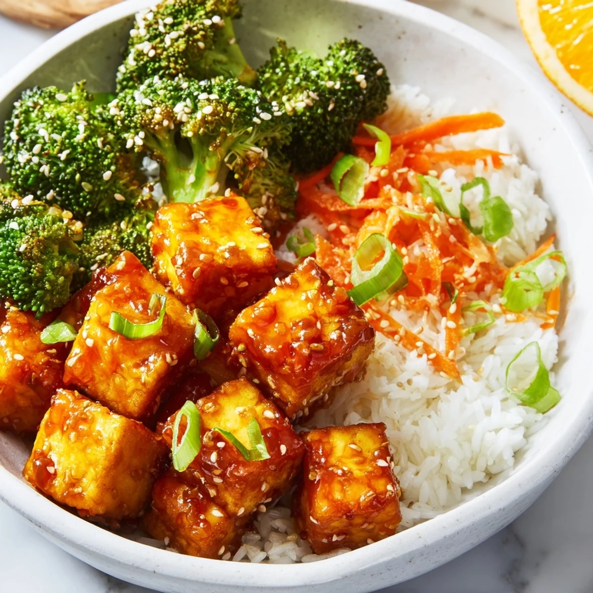 Crispy glazed tofu in sticky orange ginger sauce served over rice with sesame broccoli