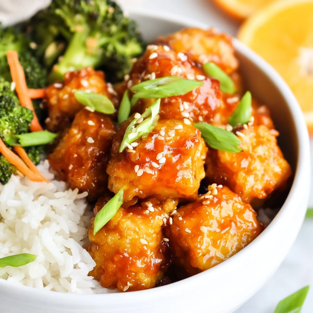 Golden baked tofu coated in sweet orange ginger glaze alongside vibrant sesame broccoli and fluffy rice