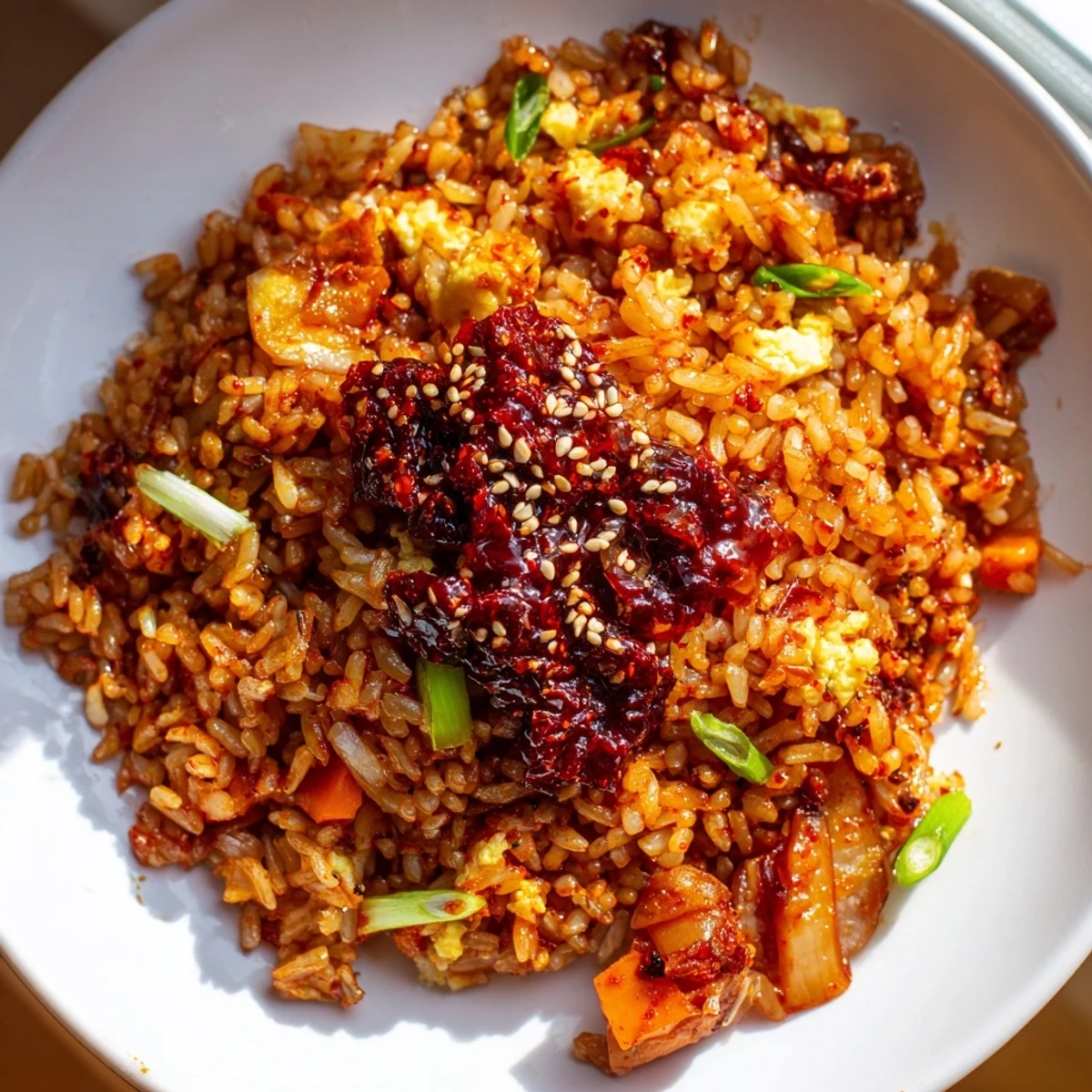 Golden kimchi chili crisp fried rice topped with fresh scallions in a cast iron skillet
