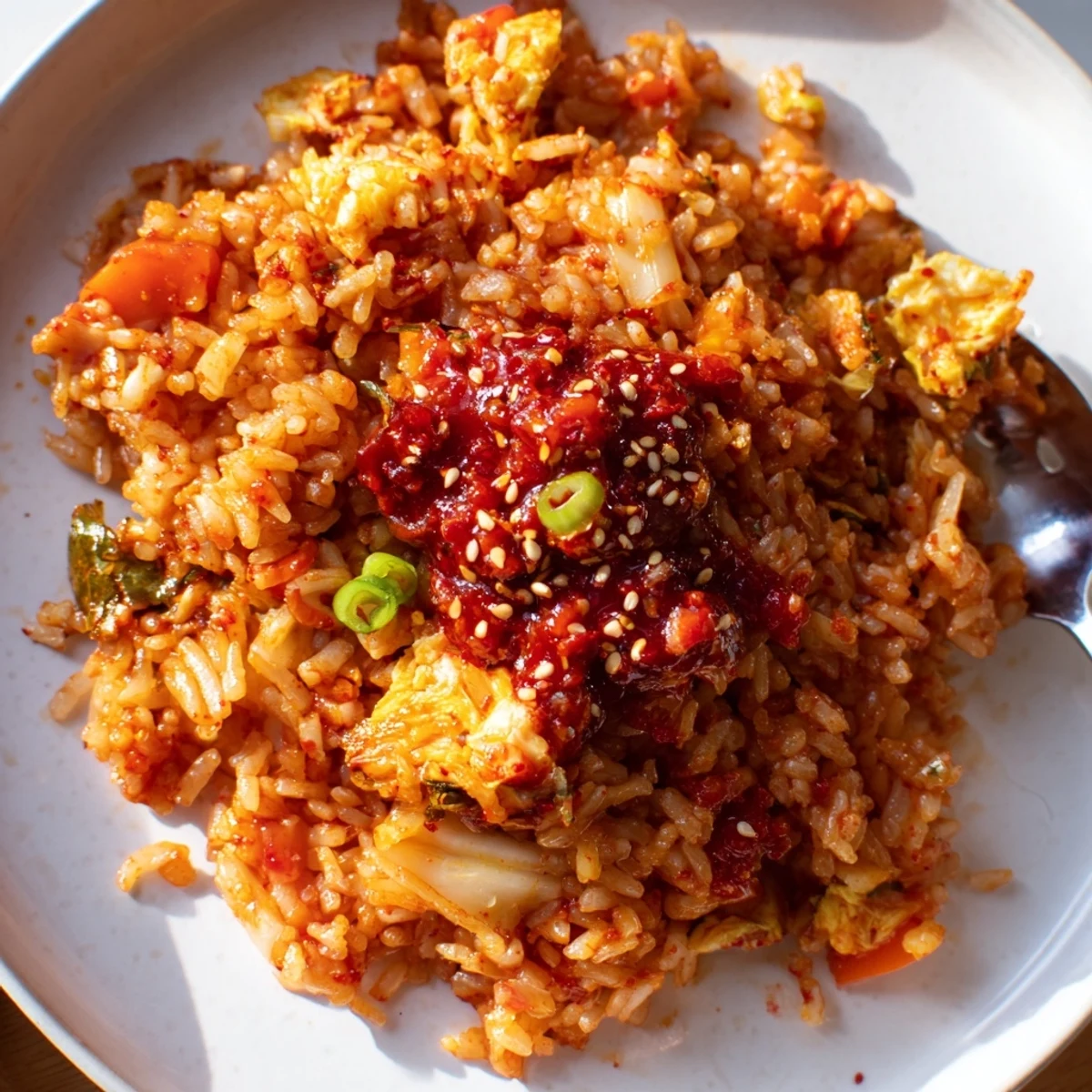 Steaming bowl of kimchi chili crisp fried rice glistening with spicy chili oil