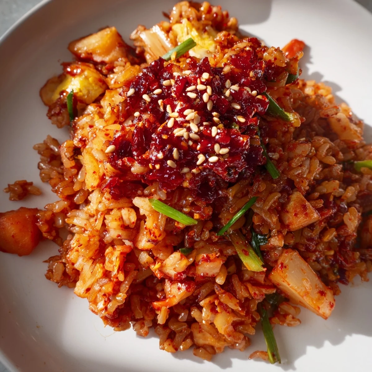 Vibrant kimchi chili crisp fried rice studded with caramelized vegetables and scattered scallions