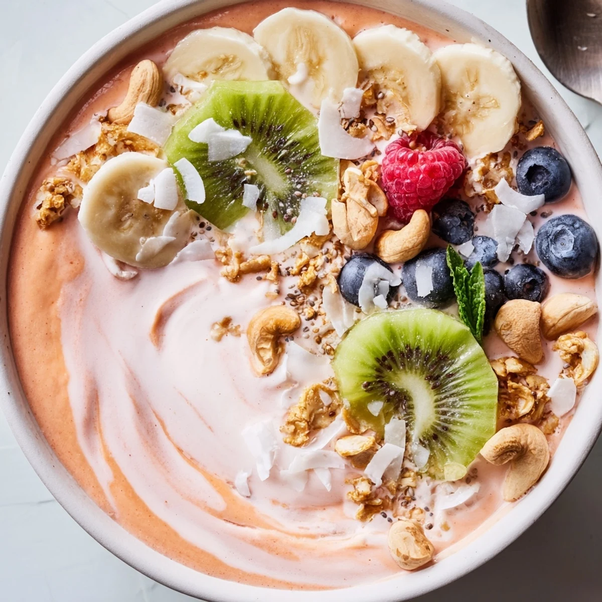 Creamy, tangy Guava Lime Coconut Smoothie Bowl with Cashew Crunch, chilled