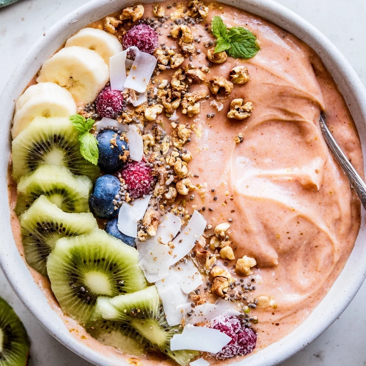 Guava Lime Coconut Smoothie Bowl with Cashew Crunch topped with fresh kiwi