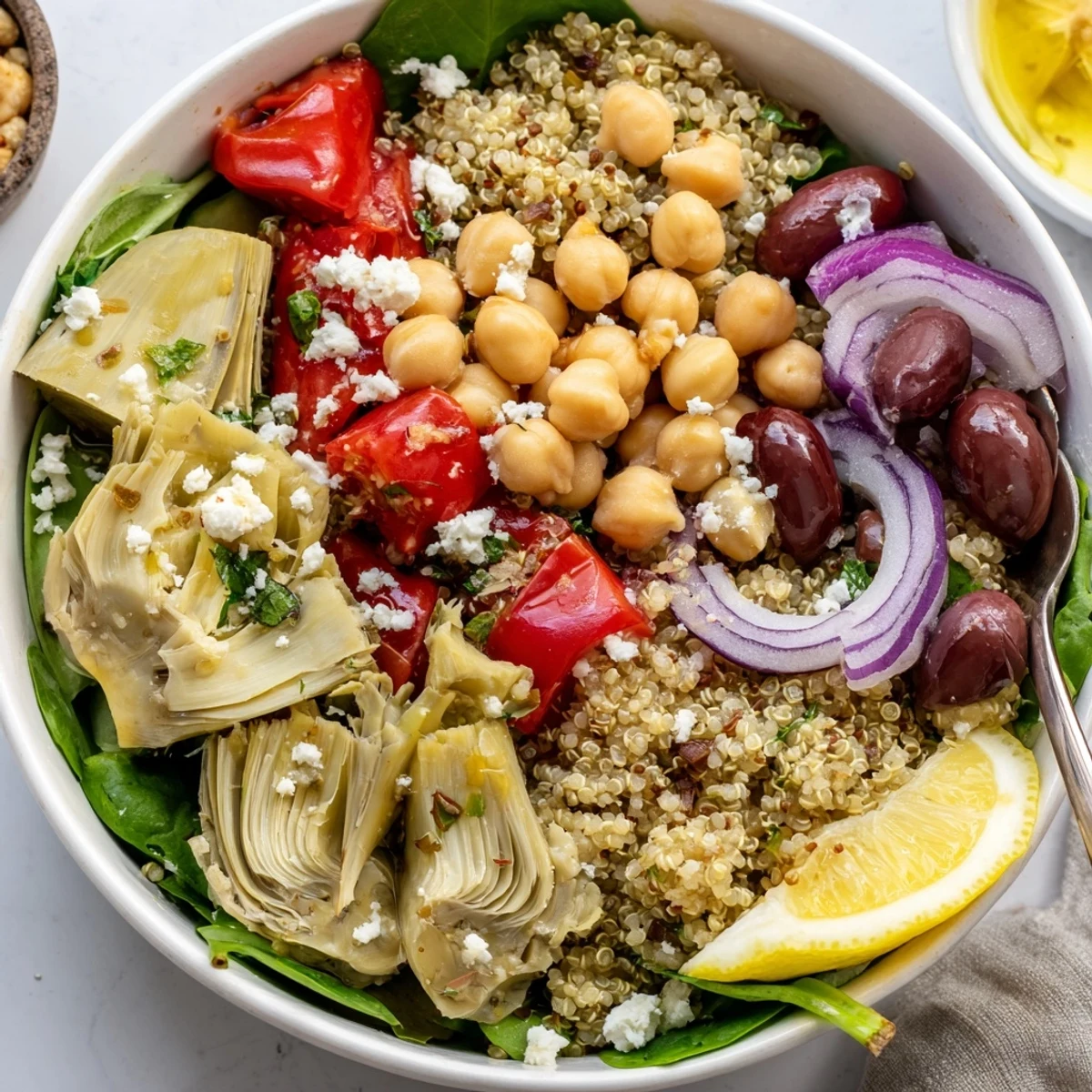 Mediterranean Artichoke Quinoa Grain Bowl with Lemon Herbs on spinach bed, feta garnish.